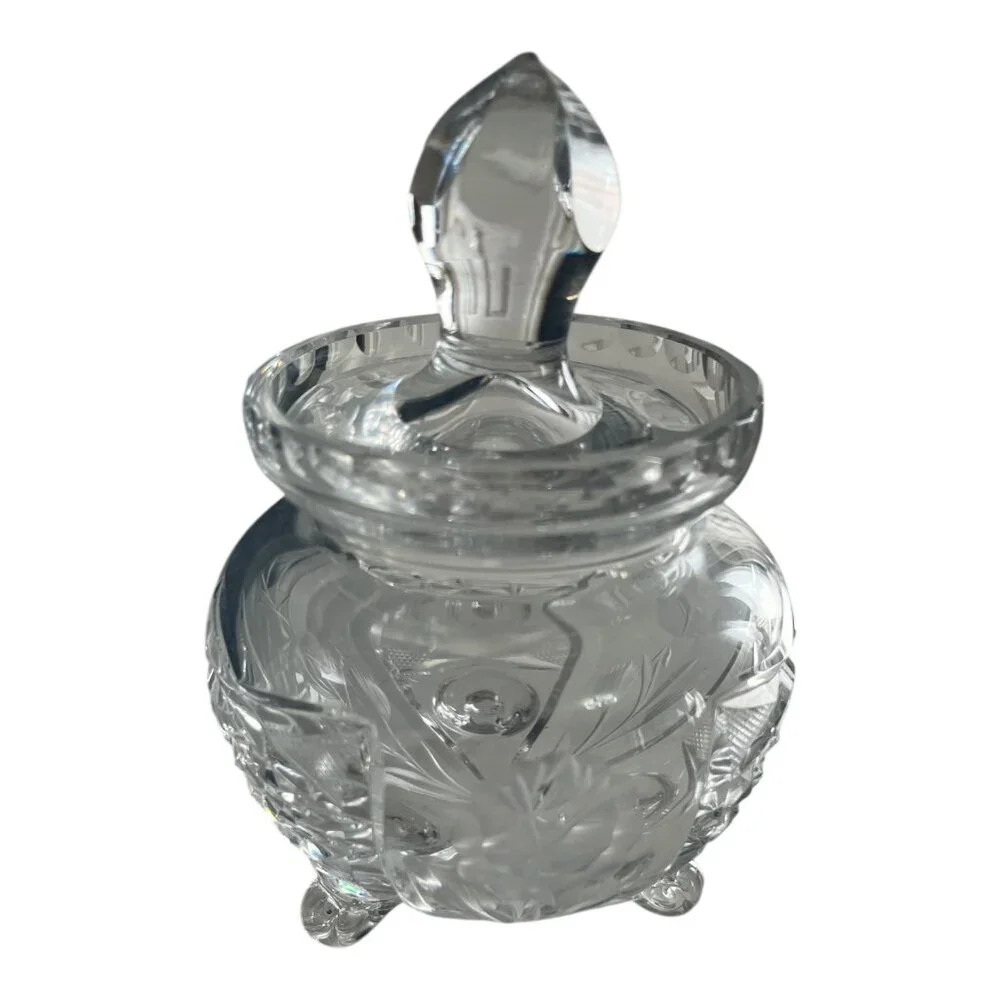 VTG Cut Crystal Condiment Jar with Spoon Notch – Footed Bohemian Style – Molded